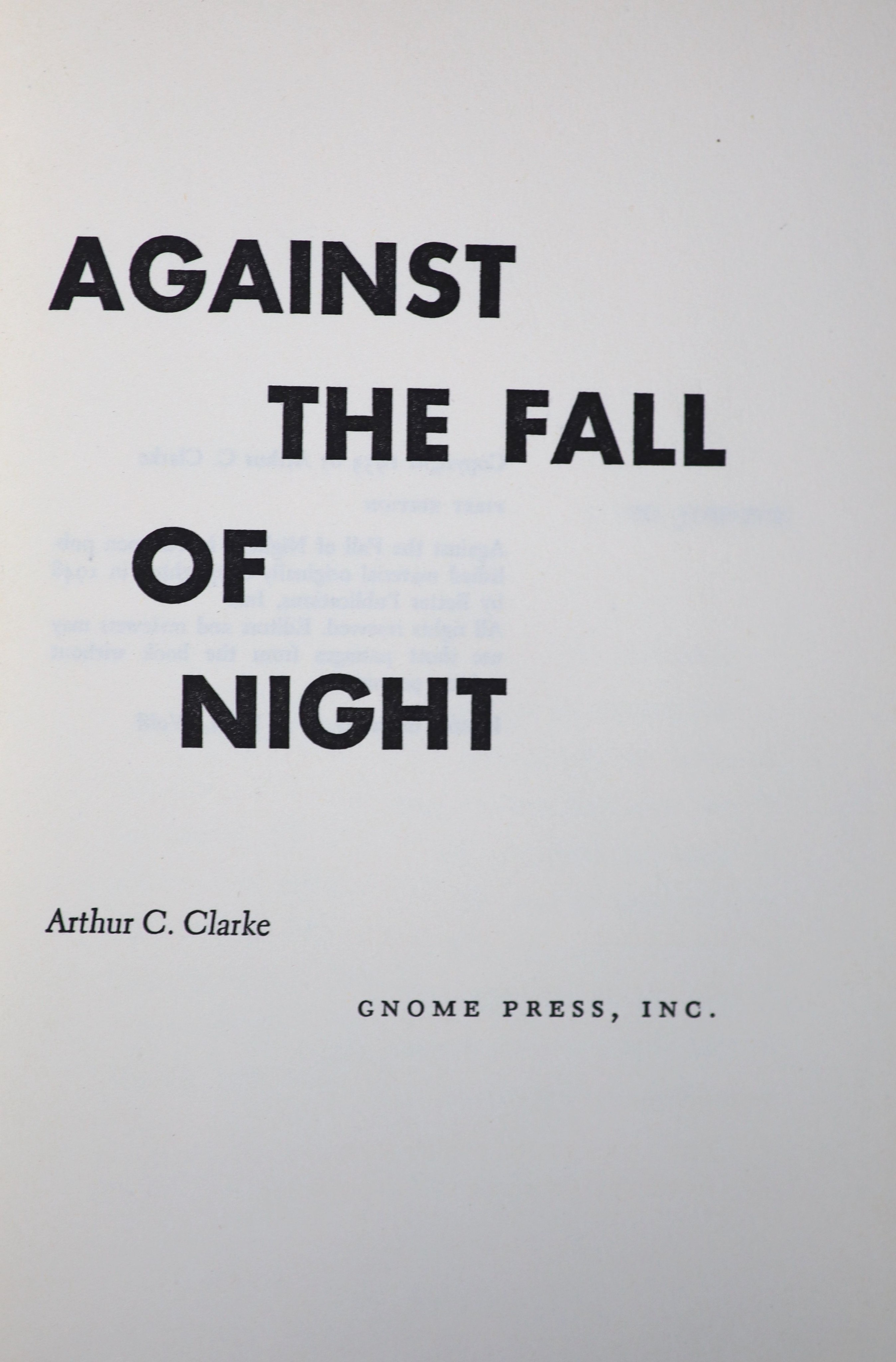 Clarke, Arthur C - Against the Fall of Night, 1st edition, blue cloth, with unclipped d/j, with nicks to spine head and foot, Gnome Press, New York, 1953